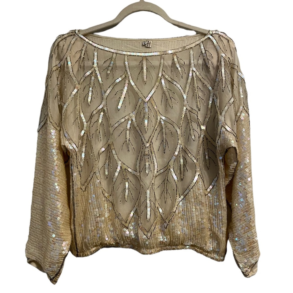 Vintage Silk, Tulle and Sequins 80s Style White and Cream Top XL